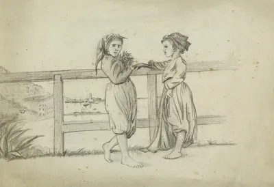 Deux Fillettes Devant Une Barriere De Bois