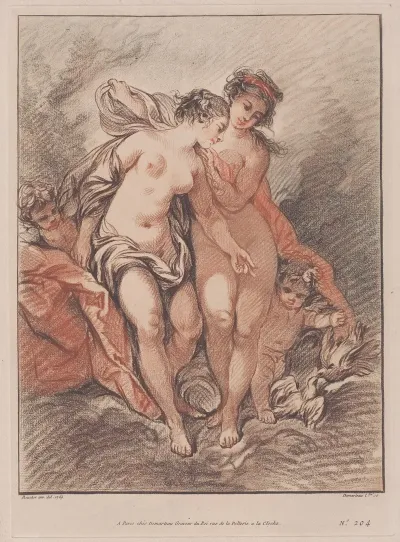 Deux Nymphes Et Deux Amours Regardant Des Colombes Two Nymphs And Loves Watching Two Doves