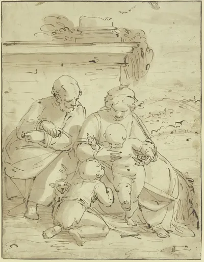 Die Heilige Familie Mit Dem Johannesknaben Vor Einer Mauer Mit Saulenfus