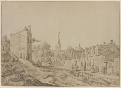 Dorfansicht Mit Figuren Links An Einem Abhang Eine Alte Frau Mit Einem Zuber