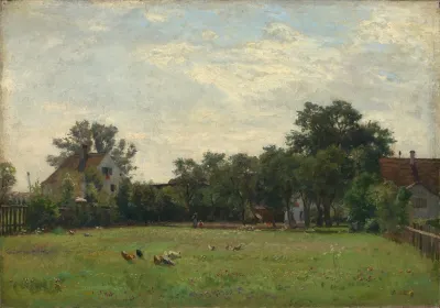 Dorfwiese Mit Bauernhausern Unter Baumen