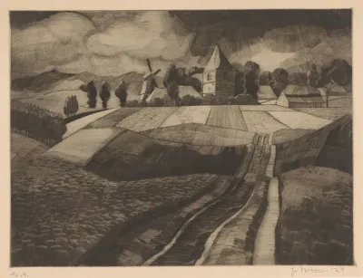 Dorp Met Molen En Kerk In Heuvellandschap