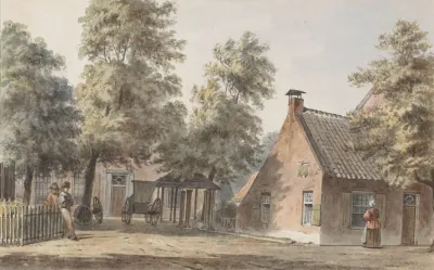Dorpsgezicht Met Links Twee Mannen Leunend Tegen Een Hekwerk