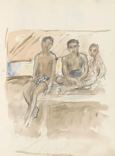 Drie Jongens In Lendendoeken Zittend Op Een Muur