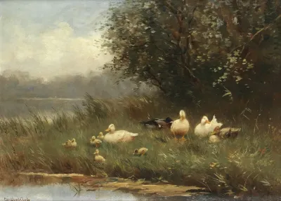 Ducks And Ducklings By The Waterside