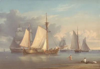Dutch Fishing Boats At Anchor In An Estuary 2