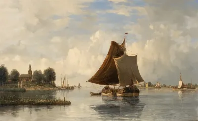 Dutch River Landscape With Sailing Boats