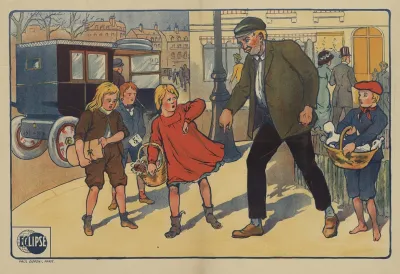 Eclipse Scene De Rue Un Vagabond Avec Des Enfants Une Petite Fille En Robe Rouge Vendeuse De Fleurs