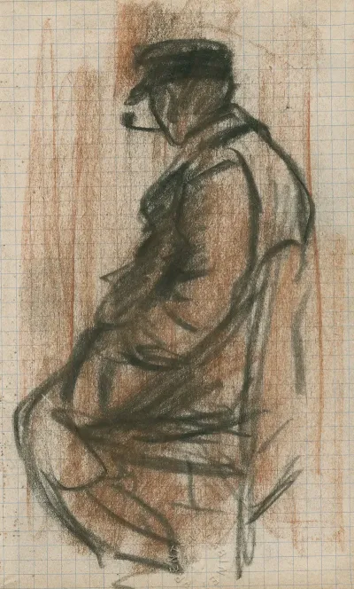 Een Oude Man Op Een Stoel Een Pijp Aan Het Roken Afgebeeld In Profiel