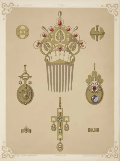 Eight Designs For Jewelry Including Gold Comb With Red And Gray Pearls