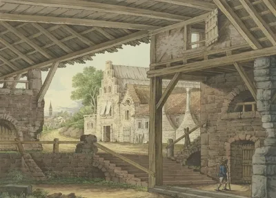 Ein Groser Schuppen Gewahrt Einen Ausblick Auf Ein Dorf