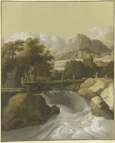 Ein Reisender Bach Mit Einer Brucke Und Blick In Ein Tal