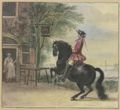 Ein Reiter Mit Dreispitz Und Zopf Im Hintergrund Eine Kanallandschaft