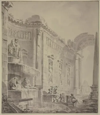 Ein Romisches Prachtgebaude Mit Einem Brunnen An Welchem Ein Flusgott Und Zwei Lowen Wasser Ausgiesen
