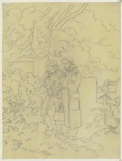 Ein Soldat Mit Dem Arm In Einer Schlinge Auf Dem Friedhof Im Gesprach Mit Einem Totengraber