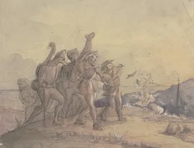 Eine Gruppe Von Musikanten Durch Eine Landschaft Ziehend