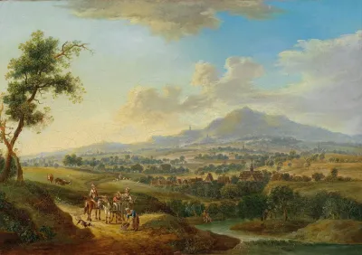 Eine Hugelige Flusslandschaft Mit Marktfahrern Und Anglern