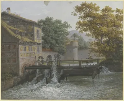 Eine Muhle Mit Drei Gangen Auf Der Brucke Ein Mann Auf Einem Esel