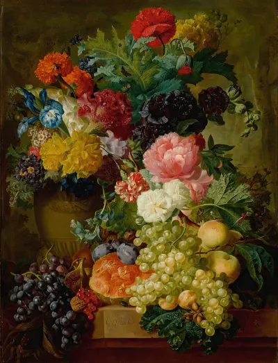 Elaborate Still Life Of Flowers And Fruit Resting On A Stone Ledge A Wooded Landscape Beyond