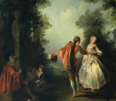 Elegant Figures Dancing In A Wooded Landscape