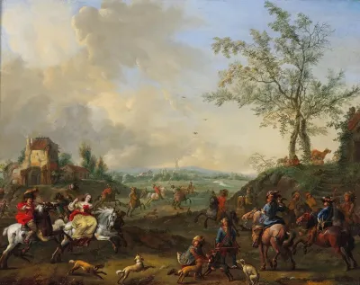 Elegant Riders In A Hunting Scene With Falcons