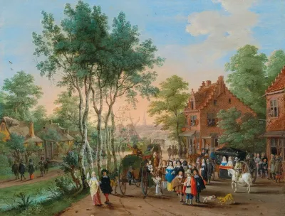 Elegant Travellers Visiting A Village By A River
