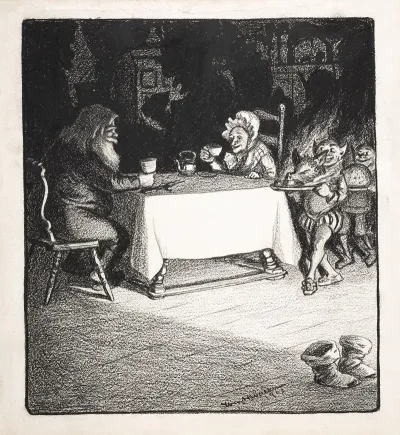Elves Serving Dinner To Santa Claus And Mrs Claus