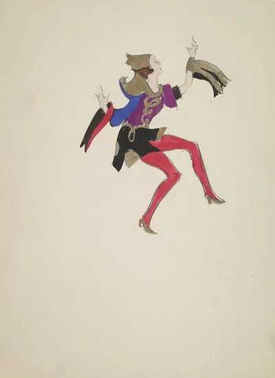 Emperors New Clothes Purple And Bronze Top With One Blue Sleeve Black Skirt Red Tights