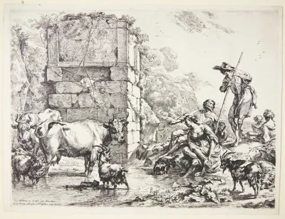 En Hyrde Vander Sine Dyr Ved En Tilgroet Ruin