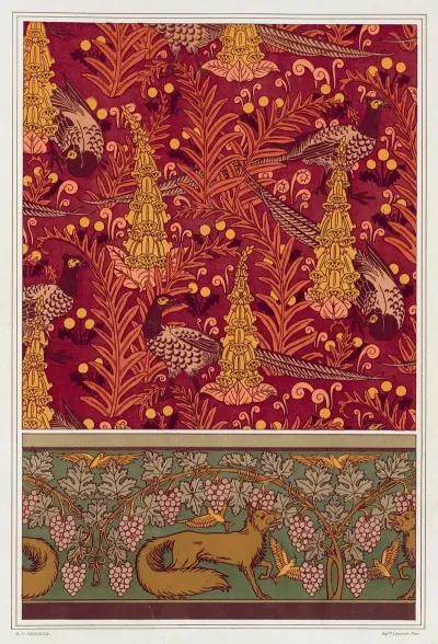 Faisans Ordinaires Digitales Fougeres Et Pissenlit Etoffe Imprimee Renard Oiseaux Et Vigne Bordure