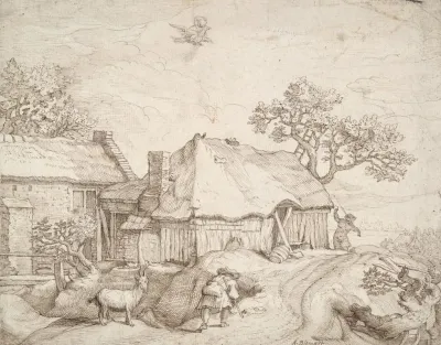 Farm Buildings With Peasants A Goat And The Abduction Of Ganymede