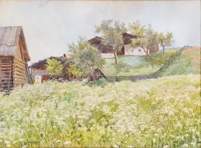 Farm Houses A White Blooming Field In Front Of It