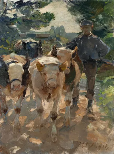 Farmer Herding His Cows Home