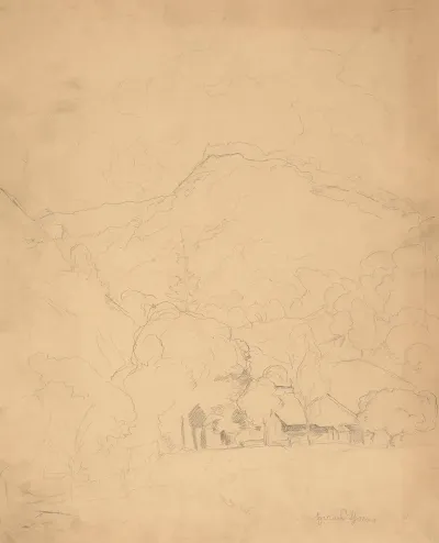 Farmhouse Among The Trees At The Foot Of A Mountain