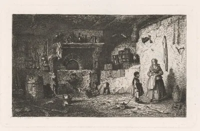 Farmhouse Interior With Mother And Daughter Near Raised Hearth