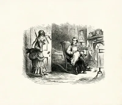 Father Seated In Rocking Chair Infant On His Lap Mother Enters Doorway Holding Cigarette And Parasol