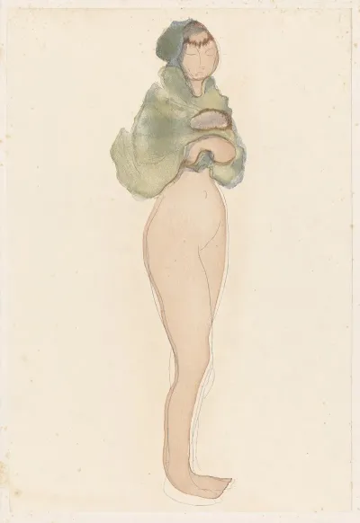Female Nude Standing Green Wrap Around Shoulders And Head