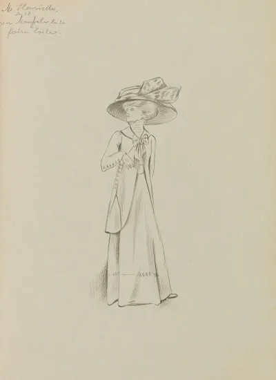 Figure De Femme De Trois Quart Portant Un Manteau Sur Robe Longue Et Un Grand Chapeau 2