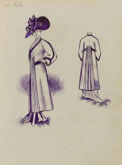 Figure De Femme De Trois Quart Portant Un Manteau Sur Robe Longue Et Un Grand Chapeau 7