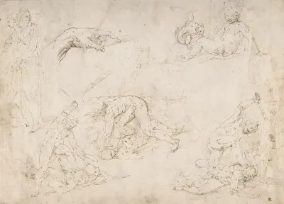 Figure Studies Three Sketches Of Cain Killing Abel With An Altar Of Sacrifice At Center Two Standing Women A Hand And A Seated Child With A Squirrel