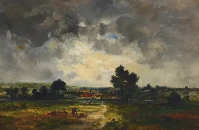 Figures In A Field Under Stormy Skies