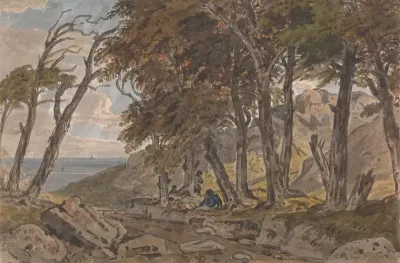 Figures On The Bank Of A Wooded Lane With Sea In Distance Left