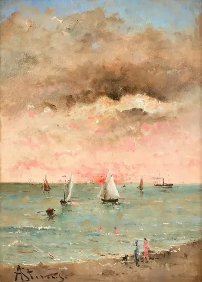 Figures Sur La Plage Au Couchant