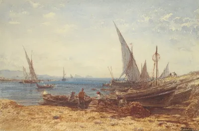 Fishermen And Boats At Waters Edge