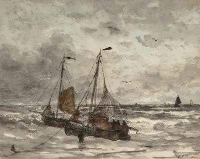 Fishing Boats At Anchor On A Choppy Sea