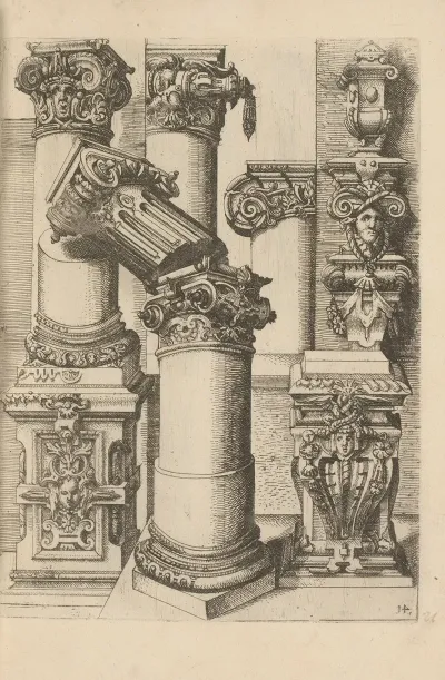 Five Ionic Capitals Two Ionic Pedestals Decorated With Scrollwork Two Corbels And Two Finials