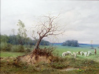 Flock Of Sheep With Shepherd In An Open Landscape