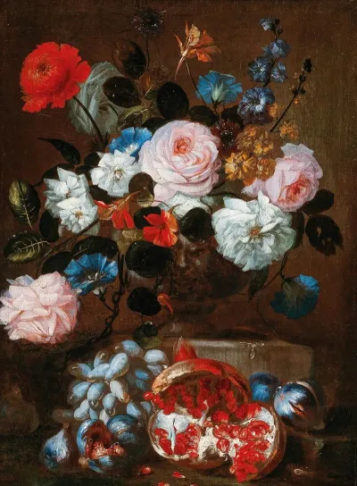 Flowers In A Vase With Grapes And A Pomegranate