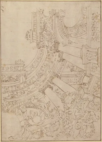 Foreshortened View Of A Ceiling Corner Decorated With Columns Urns And Putti Handing Garlands