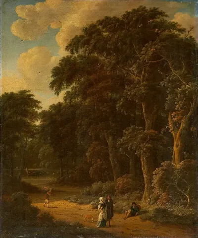 Forest Landscape With Forest Workers And People Strolling